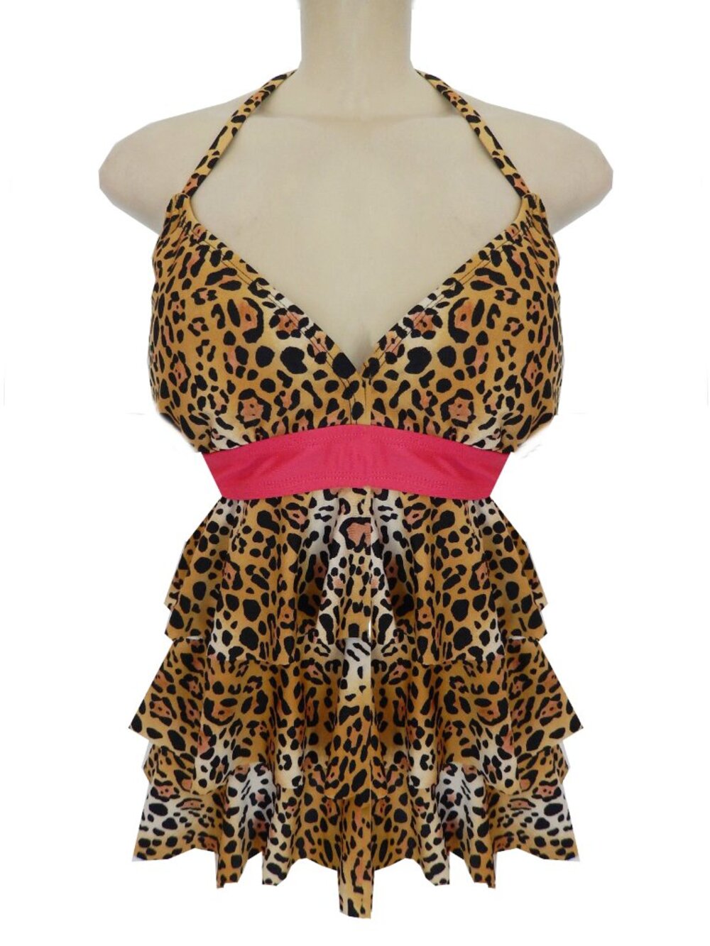 Swimsuit Tankini Top Animal Print Ruffle Halter Tiered Waterfall Swim Top LARGE